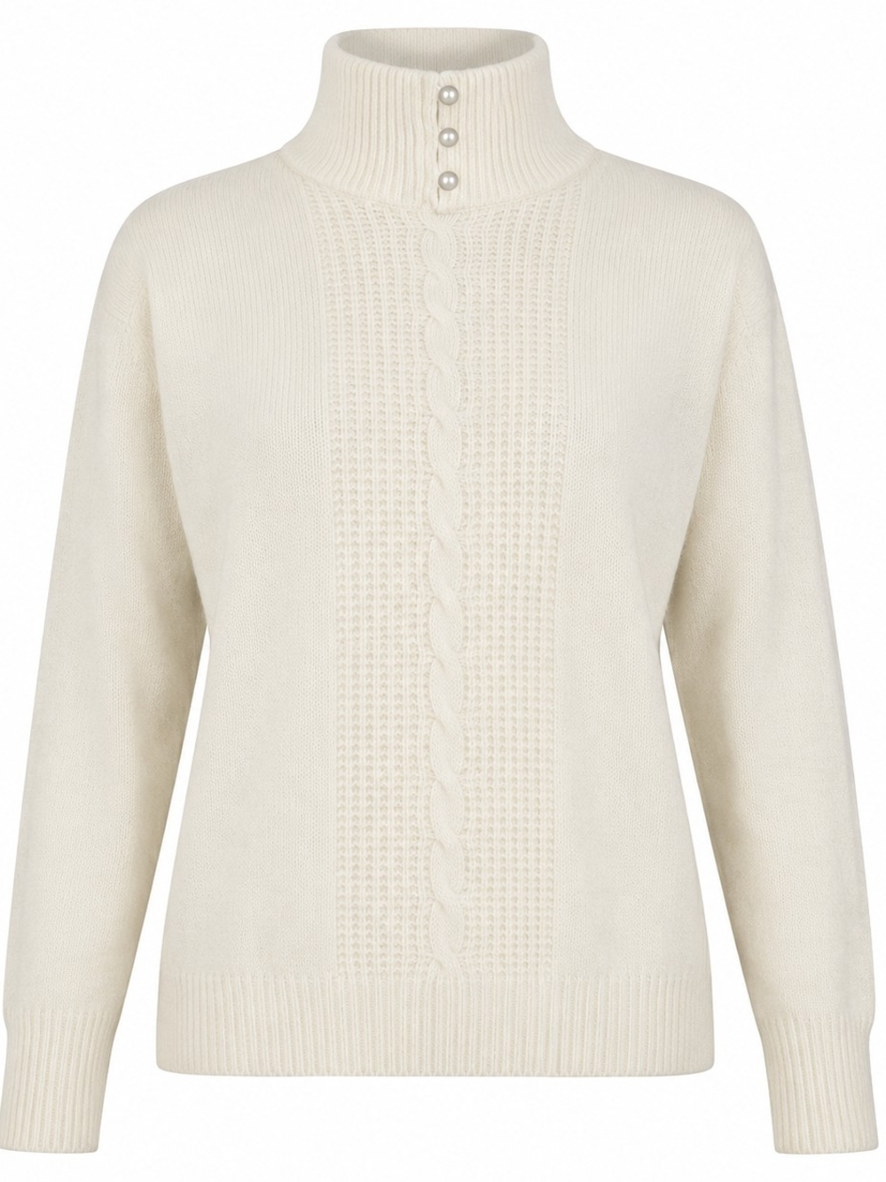 CRYSTAL KOBE | Cream Ivory Silk Angora Cable Knit Button Turtleneck Sweater | XL